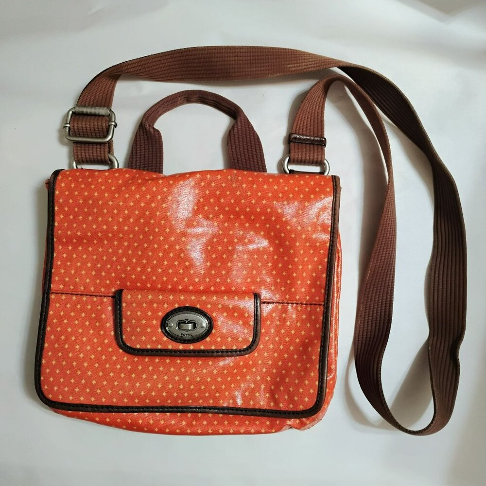 Vintage Fossil Key-Per Coated Canvas Crossbody Bag Orange Polka Dot 90s Purse
